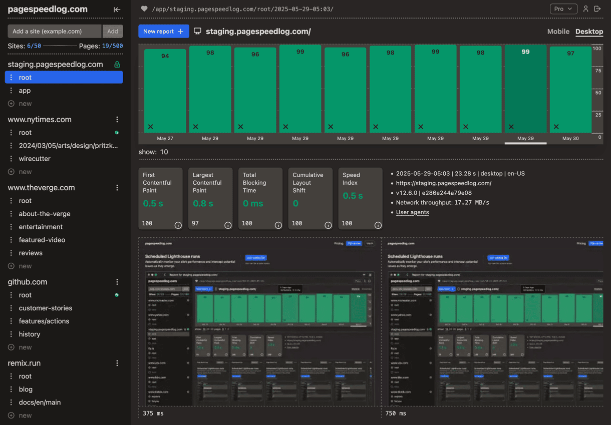 Screenshot of pagespeedlog.com Lighthouse report view