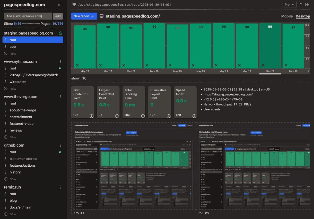 Screenshot of pagespeedlog.com Lighthouse report view